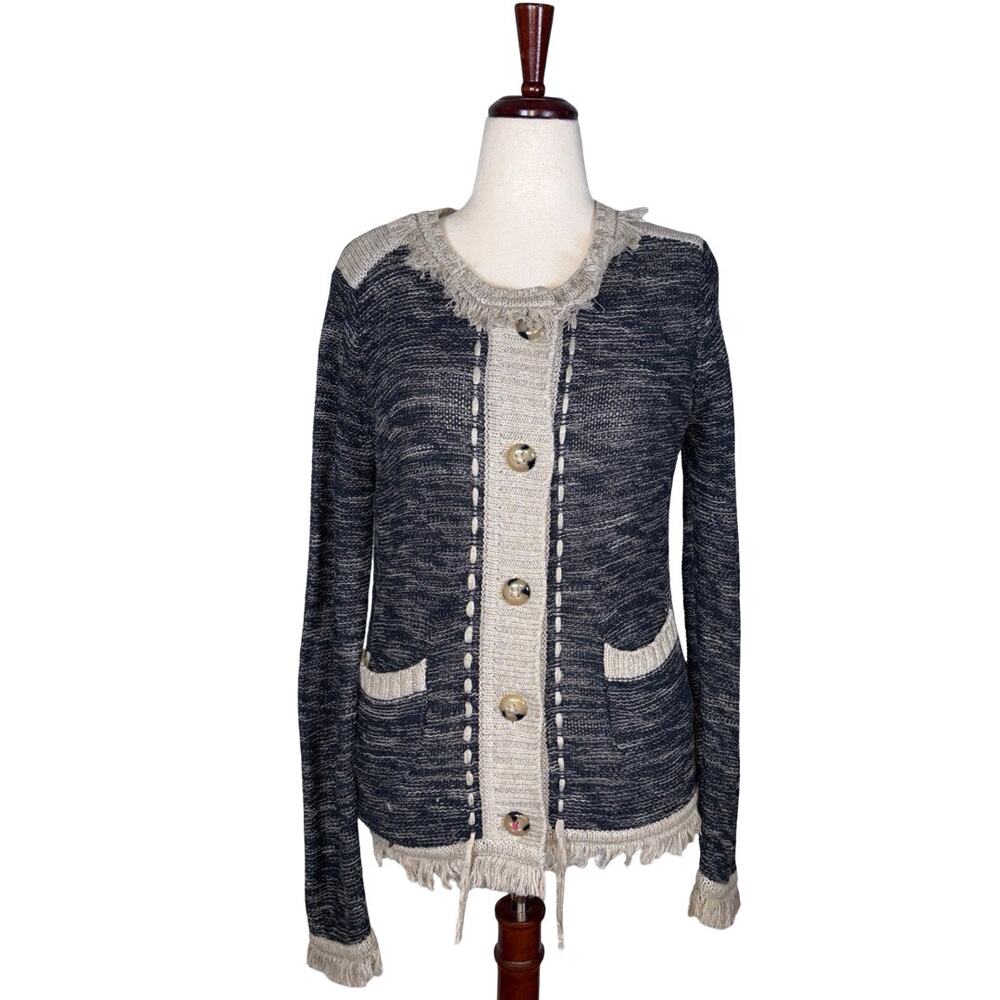Label + Thread Blue Beige Fringe Trim Cardigan    Size: L